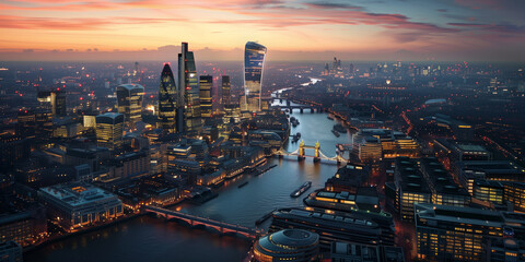 London City Skyline at Dusk with Illuminated Buildings and Thames River