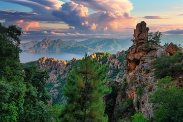 Landscape with mountain peaks and majestic clouds in sky, below the sea is visible - Les calanches de Piana Corsica Europe