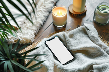 Blank white mobile phone screen nestled among soft fabrics and lit candles, creating an inviting atmosphere for displaying apps related to self-care and any advertisement.