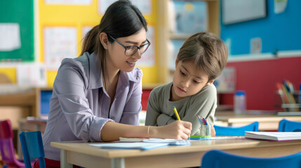 Fototapeta premium Woman teacher helping doing homework lesson learning getting knowledge pupil education. AI generated