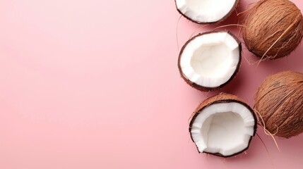 Top view of coconut on pink background with space for text