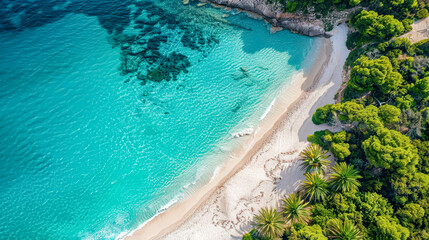 Obraz premium A beautiful beach with a clear blue ocean and trees in the background.