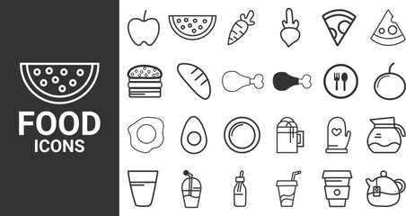 Food icons set. Containing meal, restaurant, dishes and fruits icon. Vector illustration