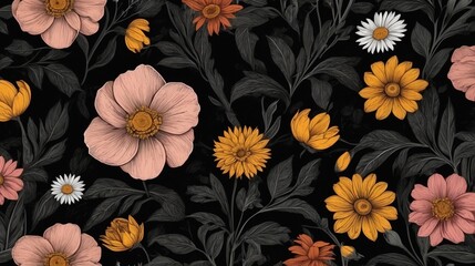 flowers drawing on plain black background