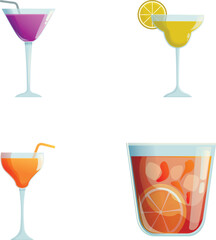Colorful collection of four cocktail glass vectors, ideal for bar and party themes