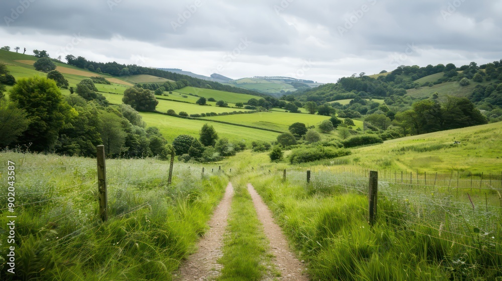 Aufkleber a road runs through a lush green field with a few trees in the background. the sky is cloudy, giving