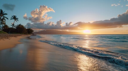 A beautiful beach with a sunset in the background. The sky is cloudy and the sun is setting