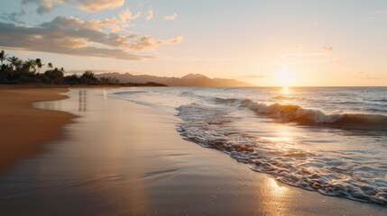 Obraz premium The beach is empty and the sun is setting. The water is calm and the sky is a beautiful orange color