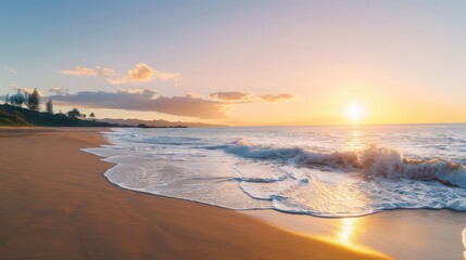 Obraz premium The beach is empty and the sun is setting. The sky is a beautiful mix of orange and pink hues