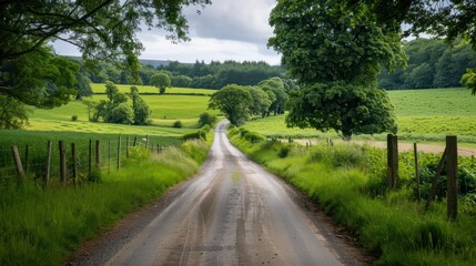 A road in a rural area with trees and grass. The road is muddy and has a lot of grass on it