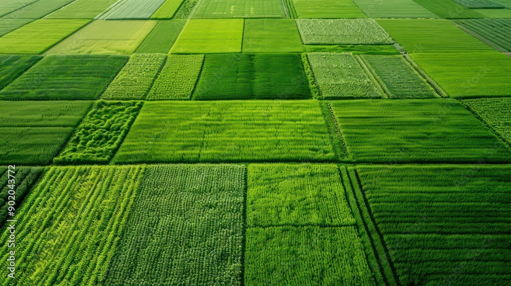 Poster A large field of green grass with a checkerboard pattern. The field is full of grass and he is a farm