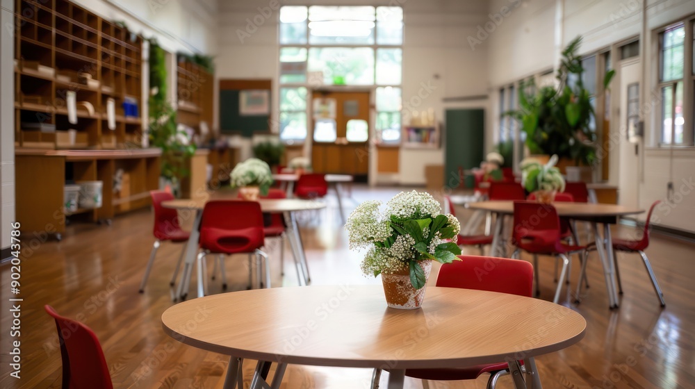 Poster a large room with tables and chairs, and a potted plant on a table. the room is empty and has a clea