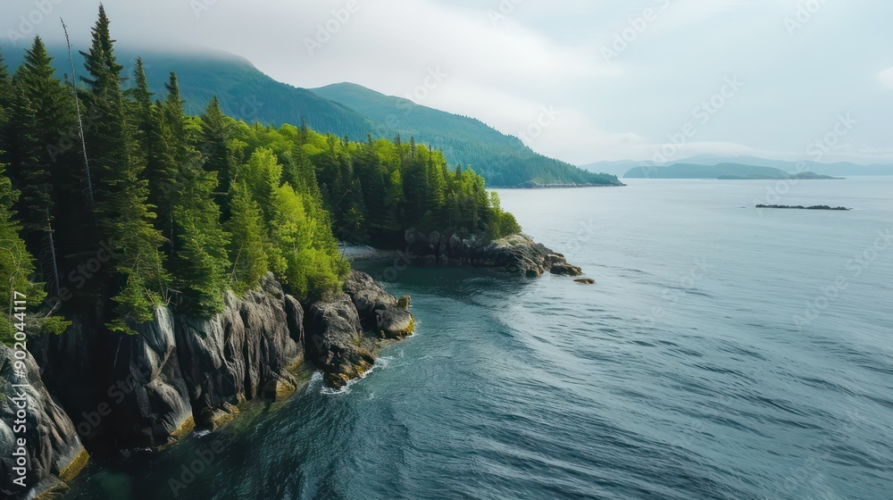Aufkleber a beautiful view of a lake with mountains in the background. the water is calm and the sky is cloudy