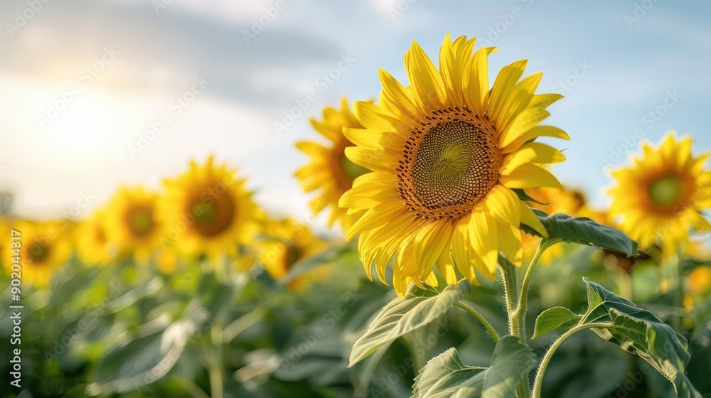 Poster a field of sunflowers with a single sunflower in the foreground. the sunflower is the center of atte