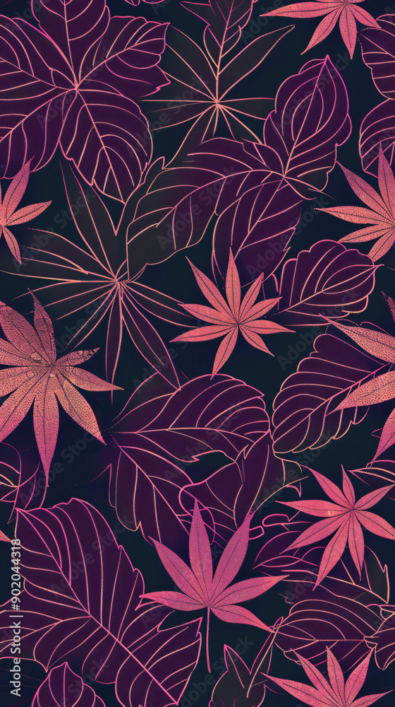 Poster captivating tropical design with pink palm and monstera leaves seamlessly patterned on a dark backgr