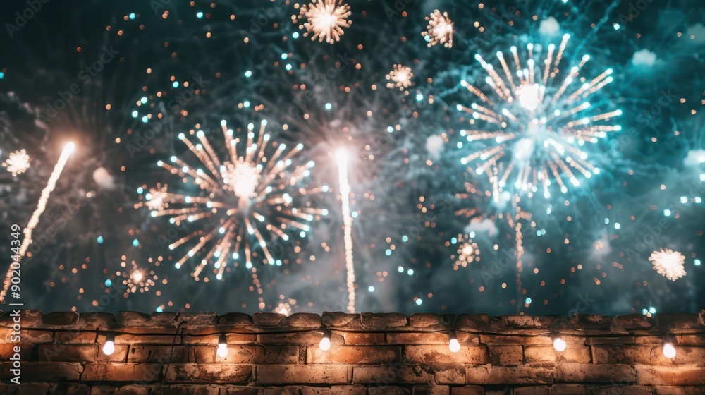 Poster a wall with a brick wall and a row of lights. the lights are lit up and the sky is filled with firew