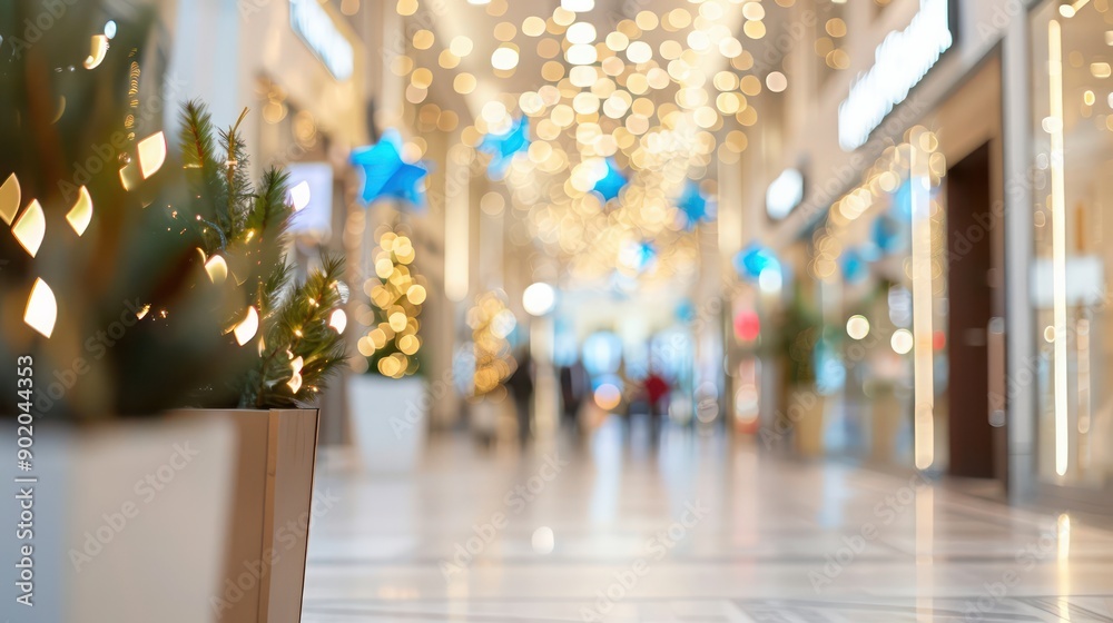 Poster a christmas tree is lit up in a mall. the lights are twinkling and the tree is surrounded by a white