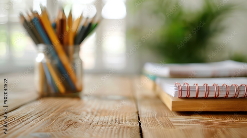 Poster a jar of pencils sits on a wooden table next to a spiral notebook. concept of organization and produ