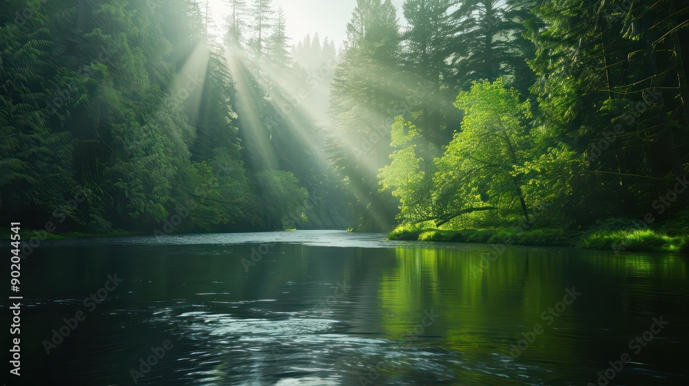 Fototapete a forest with a river running through it. the sun is shining on the water, creating a beautiful refl