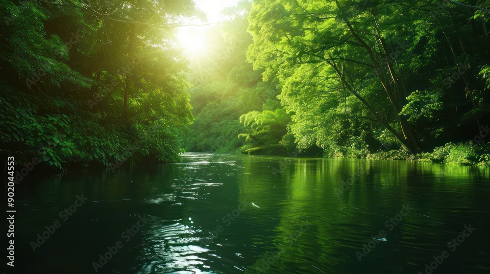 Poster a river with a lot of trees and the sun shining on it. the water is very clear and the trees are gre