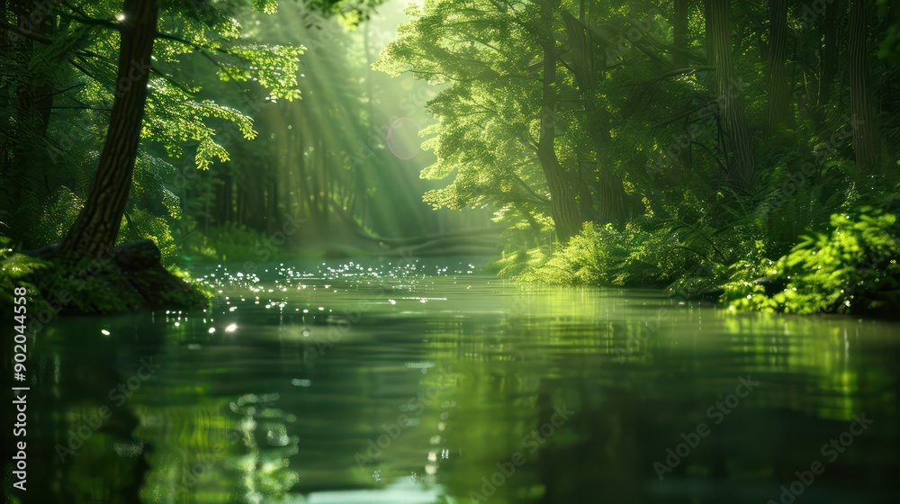Poster A lush green forest with a river running through it. The sunlight is shining through the trees, creating a peaceful and serene atmosphere