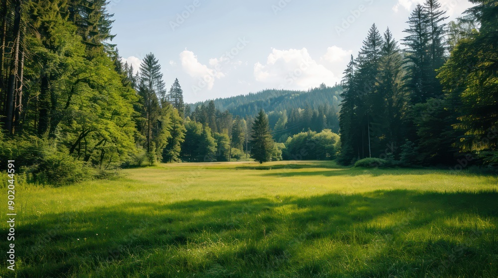 Poster a large, open field with a few trees in the background. the sky is clear and the sun is shining brig