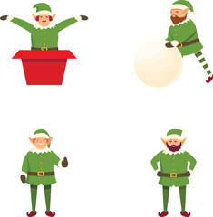 Set of four cheerful cartoon christmas elves ready for the holiday season