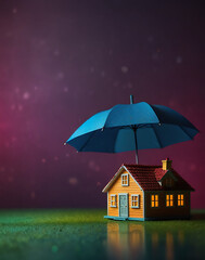 Real estate house stand under umbrella. House insurance, 3d Render