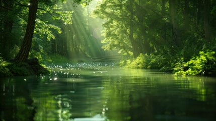Obraz premium A lush green forest with a river running through it. The sunlight is shining through the trees, creating a peaceful and serene atmosphere