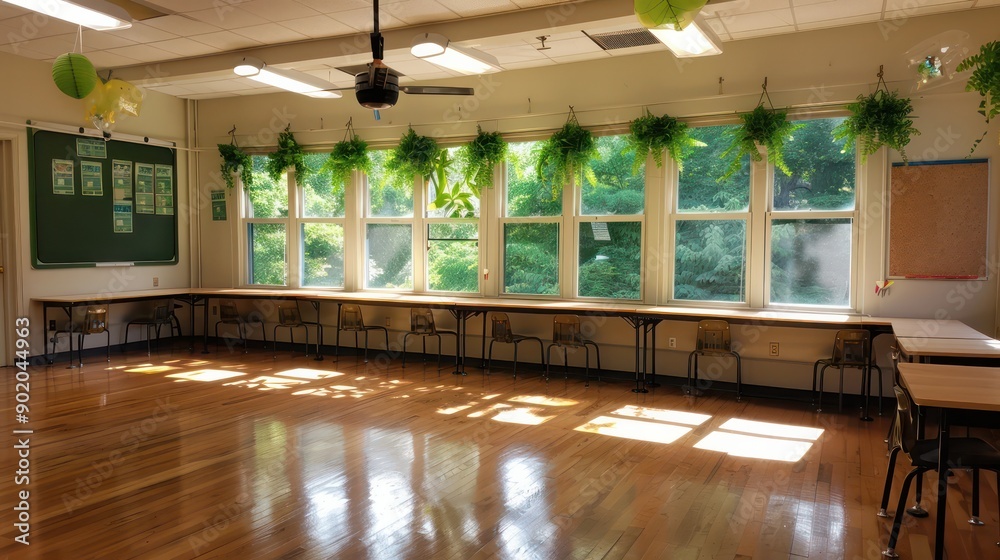 Poster a classroom with a green board on the wall and a fan in the ceiling. there are many chairs and desks