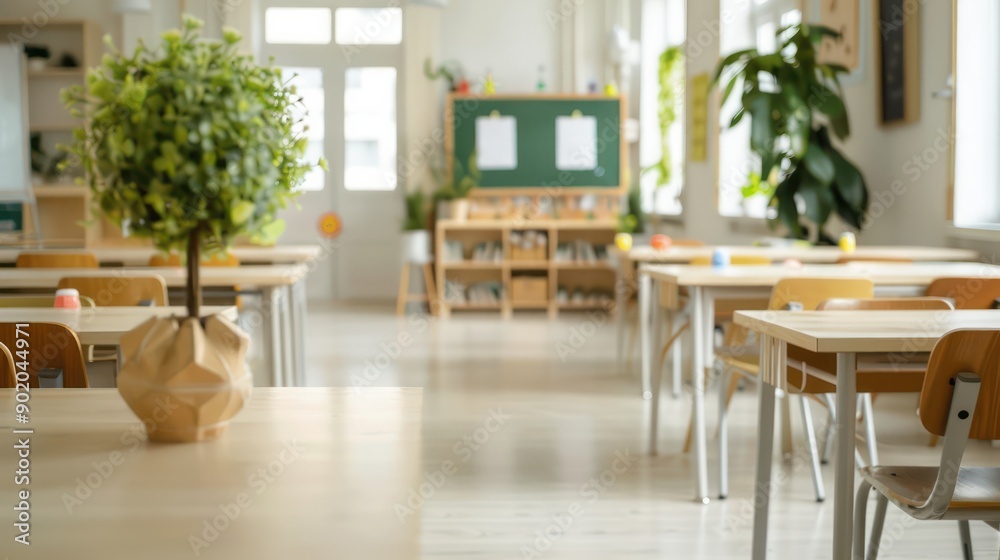 Poster a classroom with a green plant on a table and a green board on the wall. the room is empty and has a