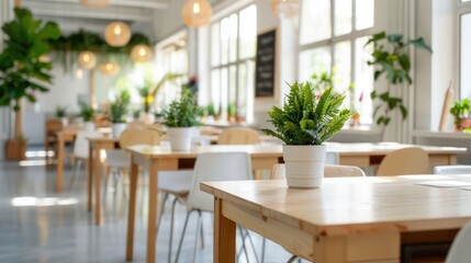 Obraz premium A restaurant with tables and chairs and potted plants