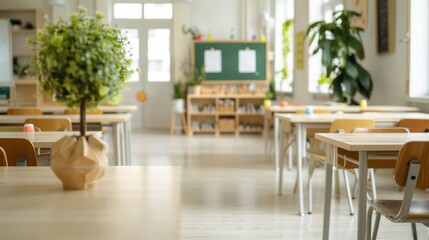 A classroom with a green plant on a table and a green board on the wall. The room is empty and has a clean, organized look