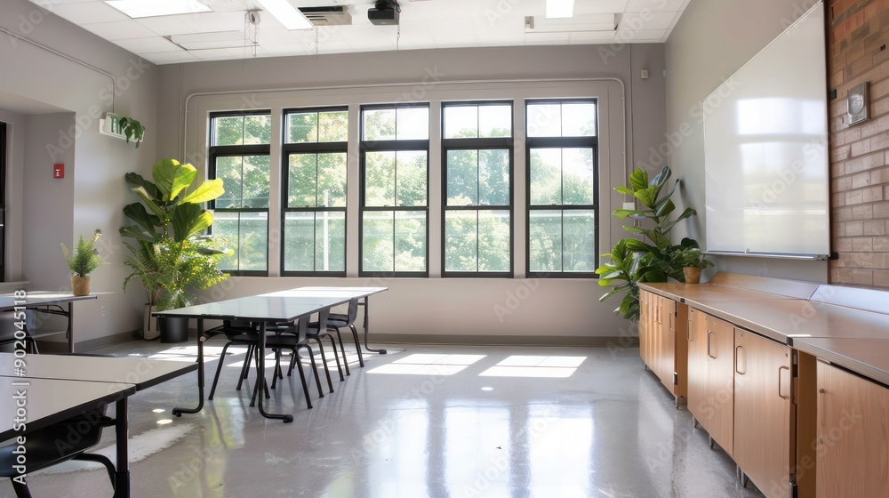 Aufkleber a classroom with a white board and a table with chairs. the room is empty and has a clean, organized