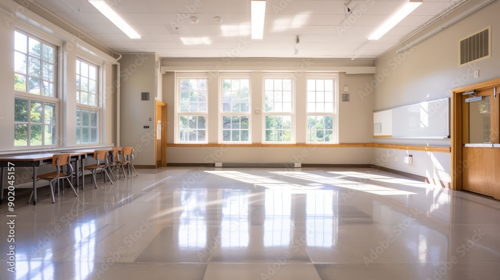 Poster a large room with a white board and a few chairs. the room is empty and has a clean, bright atmosphe