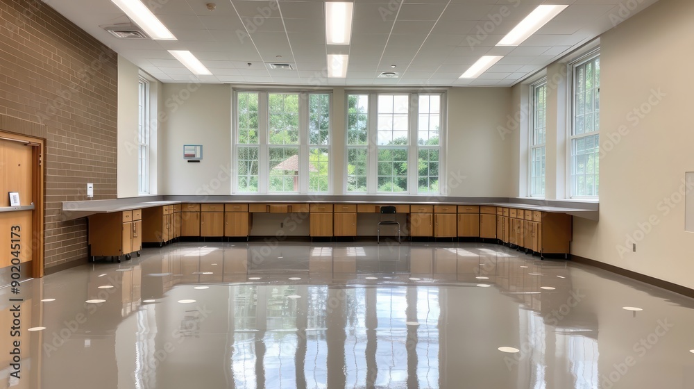 Poster a large room with a lot of cabinets and a counter. the room is empty and has a clean, modern look