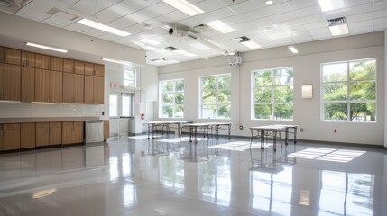 Fototapeta premium A large room with tables and chairs and a kitchen area. The room is empty and has a clean, modern look