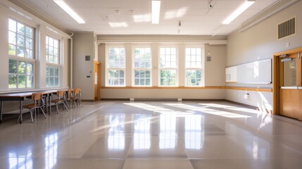 A large room with a white board and a few chairs. The room is empty and has a clean, bright atmosphere