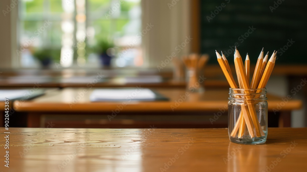 Aufkleber A jar of pencils sits on a desk in a classroom. The pencils are yellow and are arranged in a neat row. Concept of organization and preparedness for learning