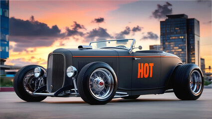 Beautiful matte black and orange vintage hot rod car, automotive background, tuning template, wallpaper, transport 