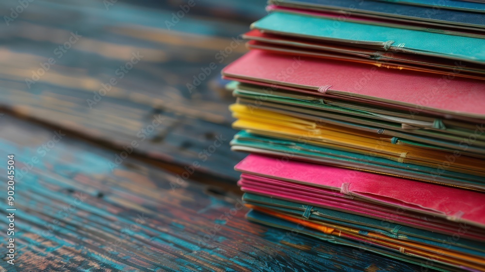 Poster a stack of colorful papers on a wooden table. the papers are of different colors and sizes, and they