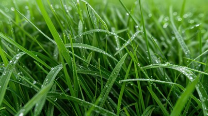 The grass is wet and shiny, reflecting the light of the sun. Concept of freshness and vitality, as the grass appears to be healthy and well-maintained