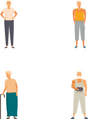 Vector set of elderly men in various outfits and activities promoting senior health and lifestyle