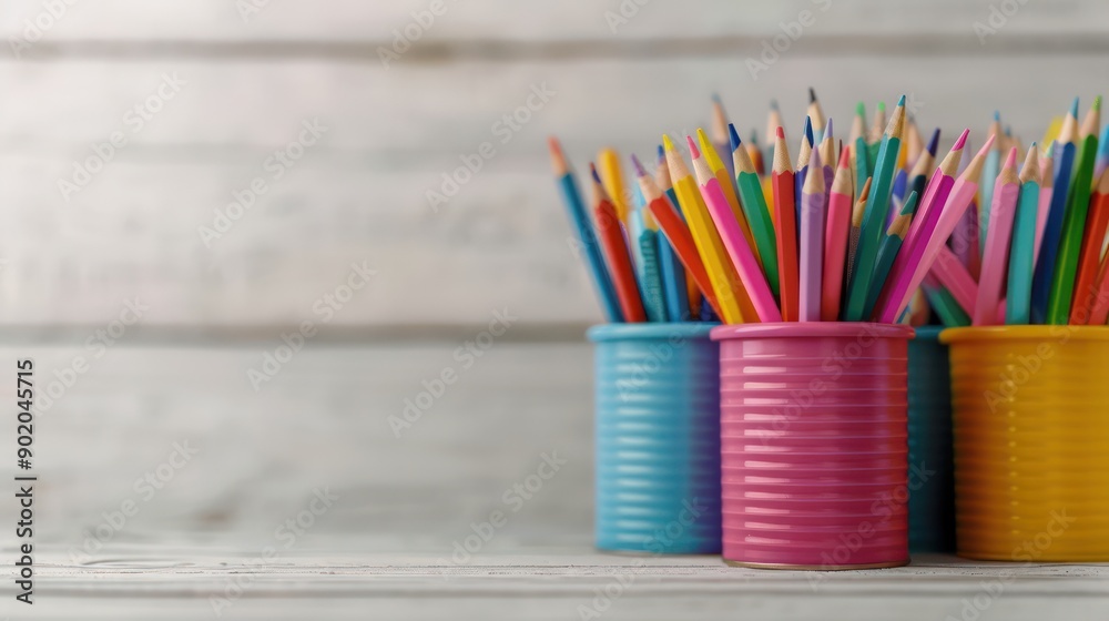 Fototapete Three colorful pencils are in a row in a can. The pencils are in different colors, and they are arranged in a way that they look like they are ready to be used. The scene is simple and cheerful