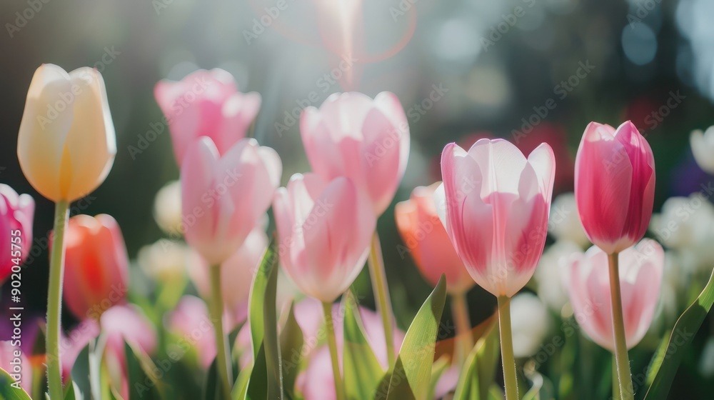 Aufkleber a field of pink and yellow tulips. the flowers are in full bloom and are arranged in a neat row. the