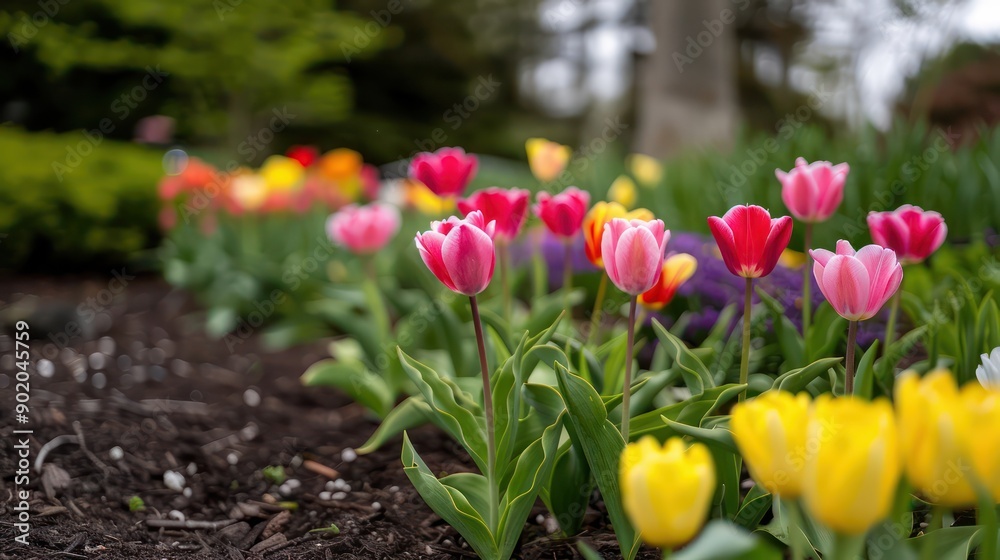 Aufkleber a garden with a variety of flowers including pink and yellow tulips. the flowers are in full bloom a