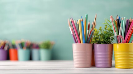 Obraz premium A table with a bunch of pencils in different colors and sizes. The pencils are in three different colored cups