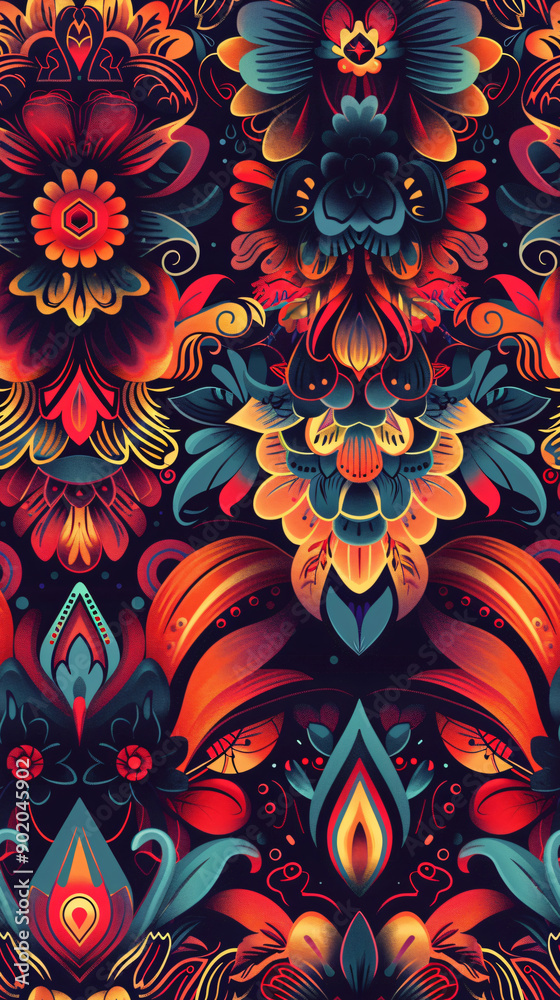 Poster eye-catching design is formed by a repeating pattern of stylized flowers and leaves