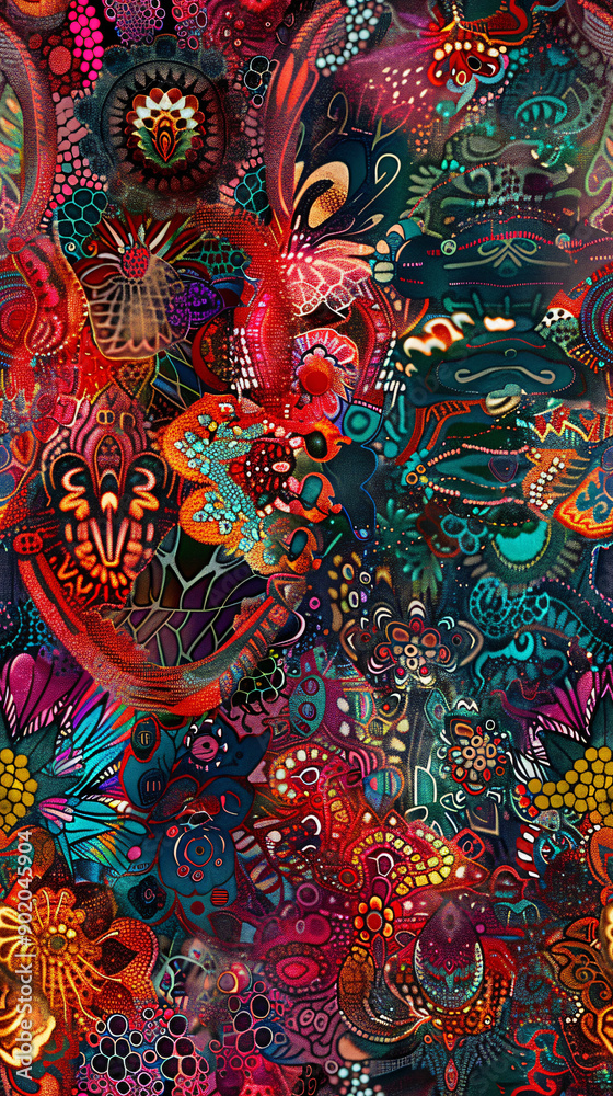 Poster Colorful and detailed seamless pattern with a variety of abstract shapes, ideal for infusing a psychedelic aesthetic into any creative project