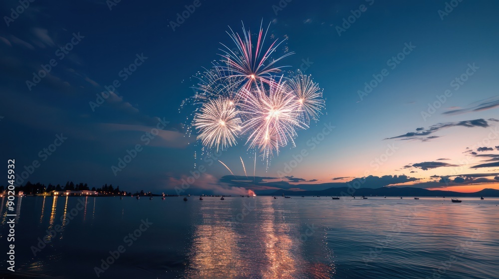 Poster a beautiful night sky with fireworks in the air. the scene is peaceful and serene, with the firework